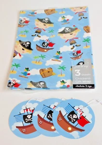 3 SHEETS / PIRATES GIFT WRAP &3 TAGS - SHIPS TREASURE CHESTS SKULL & CROSSBONES - Picture 1 of 2