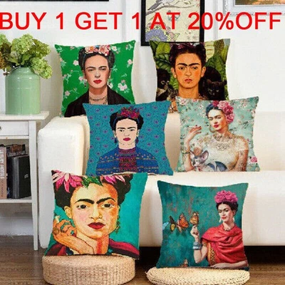 CUSHIONS COVER FRIDA KAHLO POTRAIT STRIKING COLOUR LINEN COTTON PLAIN BACK 45CM - Bild 1 von 4