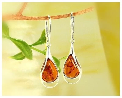 Bernstein Ohrhänger Silber 925 Tropfen Ohrringe braun echt Sterlingsilber bj16 - Bild 1 von 4