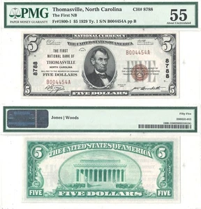 1929 $5 Thomasville, North Carolina Charter 8788 PMG AU-55 - Picture 1 of 3