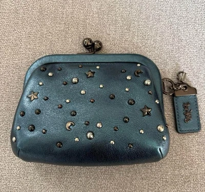 Coach Kiko Mizuhara Metallic Blue Star Studs Kiss Lock Coin Purse w/ Slots - Image 1 of 3
