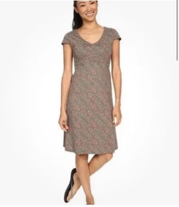 Toad & Co Rosemarie Dress S Organic Cotton Stretch Floral Taupe Cap Sleeve Boho - Picture 1 of 13