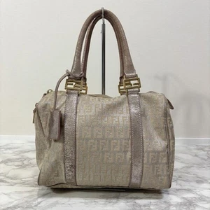 FENDI Hand Bag Tote Purse Mini Boston Bag FF Zucca Canvas Leather Pink Beige - Picture 1 of 11