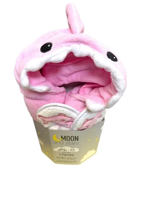 Moon and Stars Pink Shark Infant 3 Piece Bath Time Set Hooded Towel Slippers 5j
