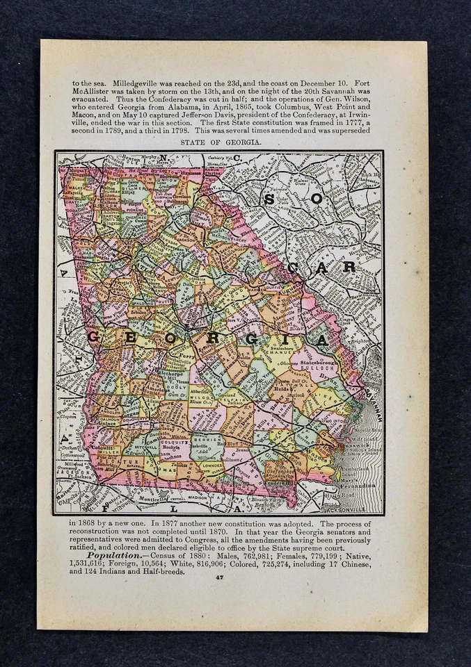 1885 McNally Map - Georgia - Atlanta Athens Savannah Agusta Columbus Macon Rome - Image 1 of 1