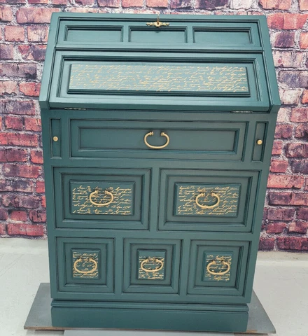 Refinished secretary desk with raised stencil script Cover