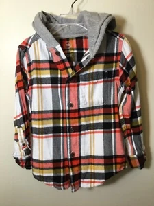 Wonder Nation Boys Hooded Flannel Shirt Black Red Yellow White Plaid XS (5-6) - Picture 1 of 3
