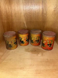 Vintage Luzianne Coffee & Chicory Farmhouse Red Tin Can Rooster Set of 4 - Picture 1 of 17