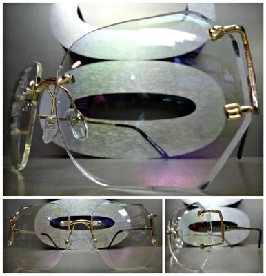 НЕГАБАРИТНЫЕ ВИНТАЖНЫЕ РЕТРО стиль прозрачные линзы солнцезащитные очки без оправы золото моды ОПРАВА - Изображение 1 из 4