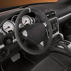Black Suede Leather Steering Wheel Hand-stitch on Cover For Porsche Cayenne 955 - Picture 1 of 8