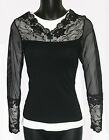 Black Sheer Body Tight Long Sleeve Floral Lace V-neck Top Size XS