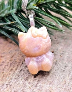 Nature Chrysanthemum Coral Stone Carved Hello Kitty Pendant Necklace - Picture 1 of 10