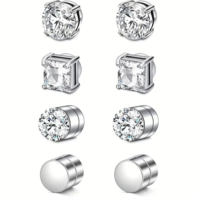 4 Pair Men Women Stainless Steel Magnetic Stud Earrings Non-Piercing Clip on E40 - Image 1 of 4