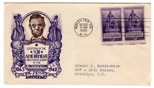 #902 Emancipation Lincoln 13th Ammendment 1940 FDC - Staehle - Picture 1 of 2