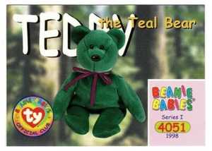 Ty Beanie Babies BBOC TEDDY (Teal New Face Bear) S1 Series 1 Card - Picture 1 of 2