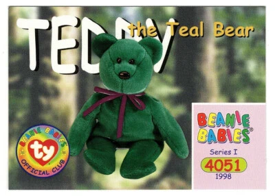 Ty Beanie Babies BBOC TEDDY (Teal New Face Bear) S1 Series 1 Card - Image 1 of 2