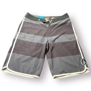 Volcom Gray Striped Board Shorts Size 32" Swim Trunks Retro Beach Shorts Y2K - Picture 1 of 4