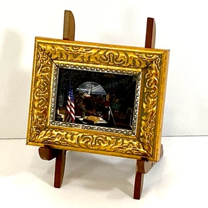 Quadro patriottico miniatura cornice oro supporto legno bandiera statua liberty firmato - Foto 1 di 12