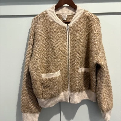 A New Day 毛衣女式大号米色棕褐色拉链纹理开衫口袋 — 第 1/4 张图片