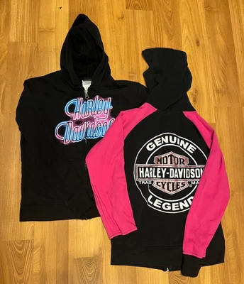 Harley Davidson Motocicletas Jóvenes Niñas Pequeñas Negro y Rosa Cremallera Sudaderas con Capucha 7/8 Foto 1 de 4