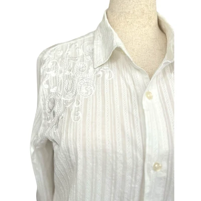 Camisa blanca abotonada manga larga bordada de algodón de colección para mujer 2X Boho Western Foto 1 de 4