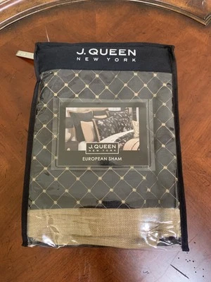 J Queen New York Euro Sham Black Gold/Tan Trim 26 x 26" Embroidered NIP - Image 1 of 4
