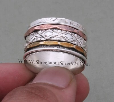 Three Tone Spinner-Solid 925 Sterling Silver Spinner Band Rings-Handmade Ring - Image 1 of 4