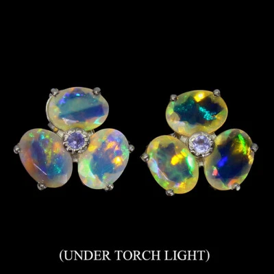 Pendientes de plata de ley 925 ovalados ópalo de fuego 7x5 mm joyas de piedras preciosas de tanzanita Foto 1 de 4