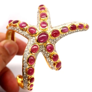 Gemstone Heated Red Ruby & White Zircon Starfish Bangle 925 Sterling Silver - Picture 1 of 4