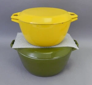 Pentola forno olandese rotonda in ghisa smaltata Nacco Danimarca metà secolo oro verde 3/4 qt - Foto 1 di 6