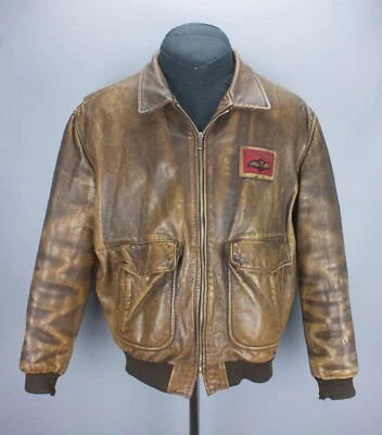 VTG Chevignon Mens Leather Brown Old Flight Jacket 50* Aviator Type B Big Logo - Image 1 of 4
