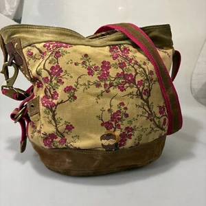 Lucky Brand Cherry Blossoms Floral Canvas Suede Crossbody Shoulder Slouchy Bag - Picture 1 of 11