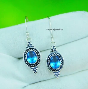 Pendientes colgantes/gotas hechos a mano de plata de ley 925 con piedras preciosas de topacio azul de 1,25" - Imagen 1 de 4