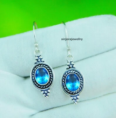 Blue Topaz Gemstone 925 sterling silver handmade Dangle/Drop Earrings 1.25" - Image 1 of 4