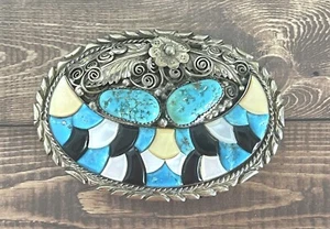 Vintage Navajo Turquoise Silver Belt Buckle - Picture 1 of 3