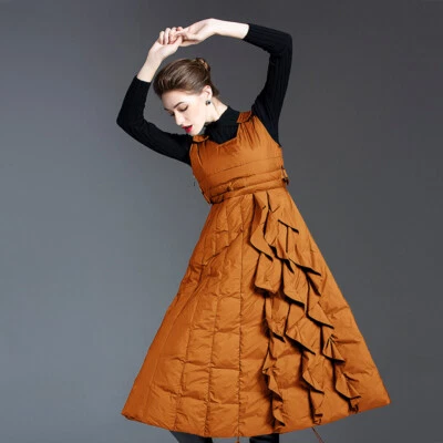 Women White Duck Down Puffer High Waist A-line Coats Sleeveless Long Vest Skirts - Image 1 of 4