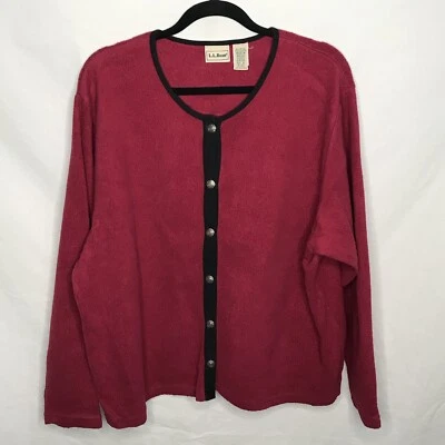 VTG LL Bean Fleece Cardigan Sweater Women’s Sz XL Pink Black Trim Silver Buttons - Image 1 of 4