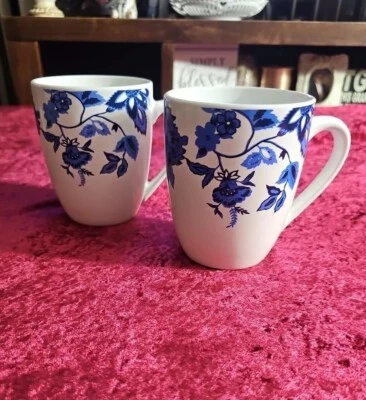 Royal Norfolk Cobalt Blue & White Floral Set of 2 Porcelain Coffee Mugs Tea Cups - Image 1 of 4