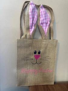 Easter Bunny Embroidered Burlap Sack With Rabbit Ears Gift Bag 12" x 10" - Picture 1 of 4