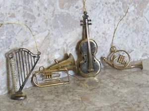 VTG Set 4 Brass Musical Instruments Violin Harp Horn Tuba Christmas Ornaments - Picture 1 of 12