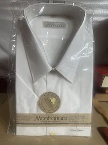 Vintage Manhattan Men's Short Sleeve Dress Shirt Size 17 White Solid - Picture 1 of 8