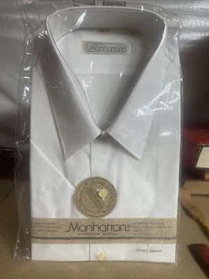 Camisa de vestir vintage de manga corta para hombre Manhattan talla 17 blanca lisa Foto 1 de 4
