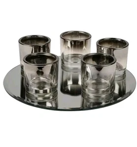 Contemporary Glamour Mirored Round Tea-Light Set with tray Candle holder - Picture 1 of 2
