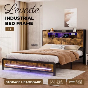 Levede Double Bed Frame Storage Headboard Industrial RGB Light LED Charging - Picture 1 of 12