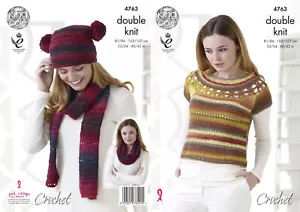 King Cole Ladies Double Knit Crochet Pattern for Top Hat Scarf & Snood DK 4763 - Picture 1 of 3