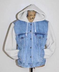 Levi's Ex-Boyfriend Sherpa Sleeve Hooded Blue Denim Trucker Jeansjacke Damen M - Bild 1 von 17