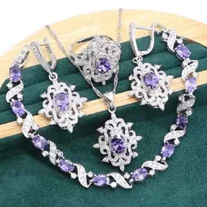 Awesome 4 pc 925 Silver Created Tanzanite Jewelry Set - 8, 9 ring size - Picture 1 of 9