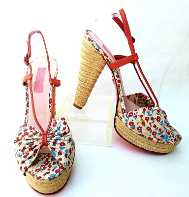 Y2K Betsey Johnson Jensen Floral Peep Toe Platform Espadrille Sandal Jute Sz 8 - Image 1 of 4