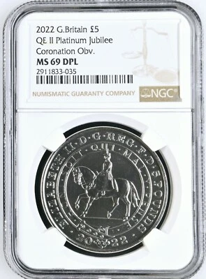 2022 Great Britain 5 Pounds QE II Platinum Jubilee Coronation NGC MS69 DPL - Image 1 of 3