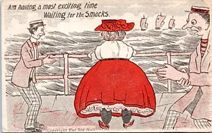 c1910 Humor Postcard - Large Woman at Ships Rail - Waiting for the Smacks- Comic - Picture 1 of 2